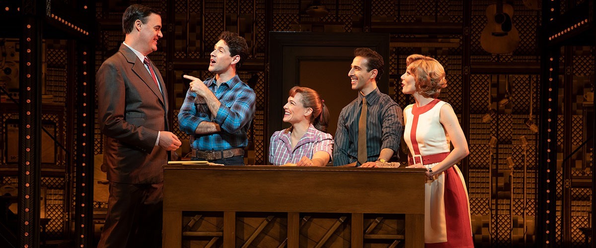 Beautiful The Carole King Musical - 1650 Broadway. (l to r) James Clow (“Don Kirshner”), Dylan S. Wallach (“Gerry Goffin”), Sarah Bockel (“Carole King”), Jacob Heimer (“Barry Mann”) and Alison Whitehurst (“Cynthia Weil”) © Joan Marucs